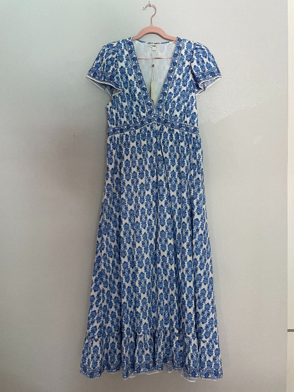 Max Studio | Blue/White Cotton Empire Waist Flutter Sleeve Tiered Maxi Dress L N
